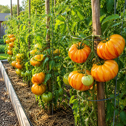 Vigorous Pineapple Tomato plants, grown from Sprouts and Petals’ Pineapple Tomato Seeds – Giant Heirloom Beefsteak – Sweet Low Acid Yellow Red Tomato – thrive on tall, staked vines in a raised garden bed mulched with straw and surrounded by lush greenery, producing high yields of vibrant striped yellow-and-red heirloom tomatoes.