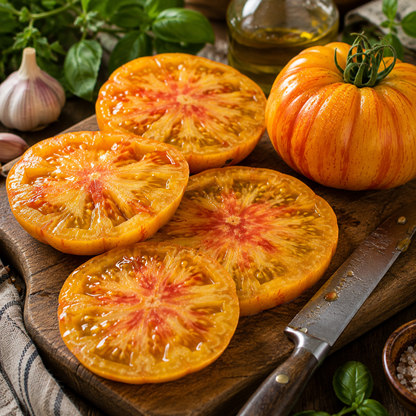 Sliced yellow-red Pineapple Tomato—grown from Sprouts and Petals Pineapple Tomato Seeds, a giant heirloom beefsteak variety with sweet, low acid flavor—displayed on a wooden board, alongside a whole tomato, knife, garlic, basil, olive oil, and salt.