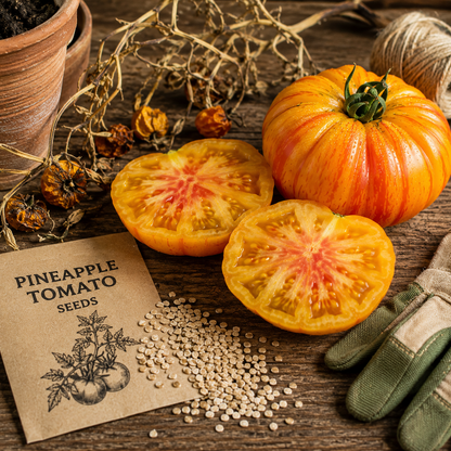 A vibrant Pineapple Tomato from Sprouts and Petals—grown from their Giant Heirloom Beefsteak, Sweet Low Acid Yellow Red seeds—rests beside a halved tomato, a packet of Pineapple Tomato Seeds (50+ count), scattered seeds, gardening gloves, dried vines, and a spool of twine on a rustic wooden surface.