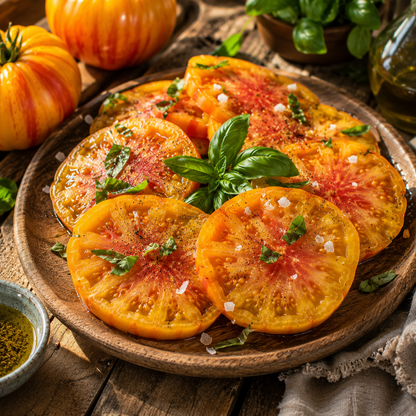 Sliced Pineapple heirloom beefsteak tomatoes from Sprouts and Petals on a wooden plate, garnished with fresh basil, sea salt, and pepper. Olive oil and basil leaves sit nearby, creating a rustic summer salad scene that showcases the sweet, low-acid flavor of these high-yield yellow-red tomatoes grown from Sprouts and Petals’ Pineapple Tomato Seeds – Giant Heirloom Beefsteak – Garden Favorite (50+ seeds).