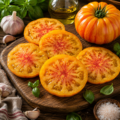 Sliced Pineapple Tomato – a giant heirloom beefsteak variety known for its sweet, low-acid yellow and red flesh – arranged on a wooden board and accompanied by fresh basil, garlic, olive oil, and sea salt. Seeds available from Sprouts and Petals (50+ seeds).