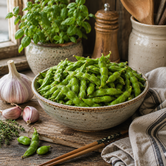 A rustic wooden table is adorned with a bowl of fresh Midori Giant Edamame from Sprouts and Petals, their protein-packed giant soybeans nestled among garlic, herbs, chopsticks, and ceramic containers. Bathed in natural light, this cozy kitchen scene highlights the heirloom edamame variety’s rich flavor and heritage—perfect for anyone growing high-yield vegetables from the included 25 seeds.