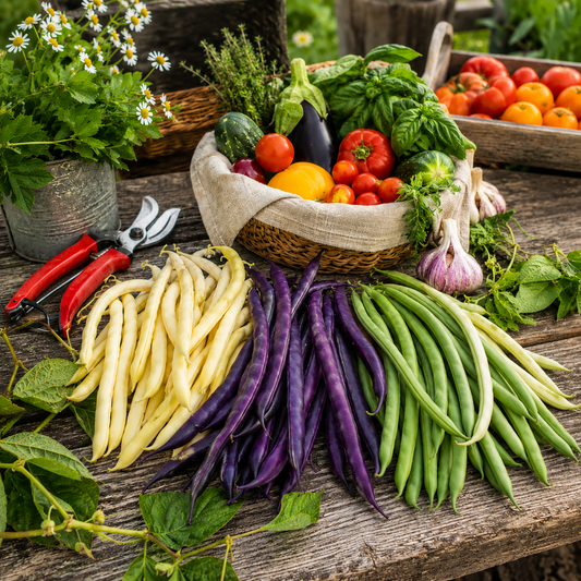 A rustic table displays yellow, purple, and green beans grown from Sprouts and Petals Mardi Gras Blend Organic Bean Seeds – Colorful Heirloom Dry Bean Mix (20 seeds), alongside fresh herbs, garlic, tomatoes, garden shears, and a wicker basket brimming with assorted vegetables and herbs—an inviting scene for organic gardeners in search of heirloom bean varieties.