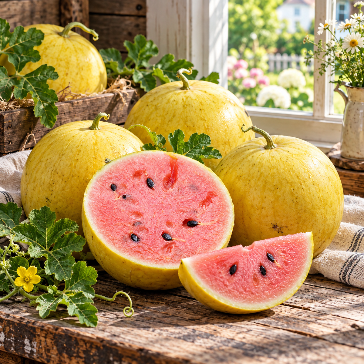 Golden Midget Organic Watermelon 10+ Seeds – Small Golden Yellow Heirloom Melon – Sweet Pink Flesh – Early Mini Watermelon Seeds