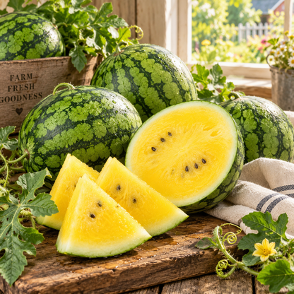 Baby Doll F1 Organic Watermelon 10+Seeds – Sweet Yellow Flesh Icebox Melon – Small 6–10 lb Hybrid Watermelon Seeds