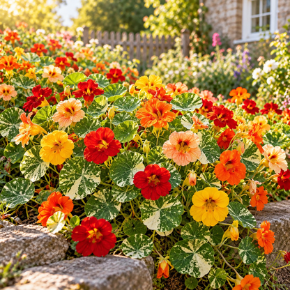 Alaska Mix Nasturtium 25+Seeds – Variegated Foliage, Red Orange Yellow Flowers, Edible