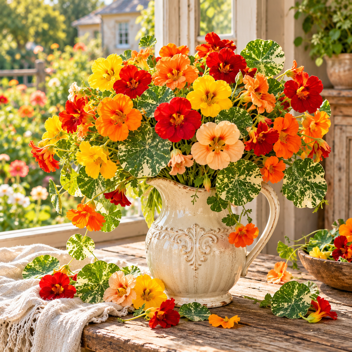Alaska Mix Nasturtium 25+Seeds – Variegated Foliage, Red Orange Yellow Flowers, Edible
