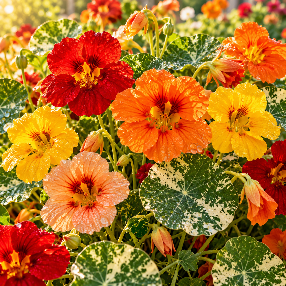 Alaska Mix Nasturtium 25+Seeds – Variegated Foliage, Red Orange Yellow Flowers, Edible