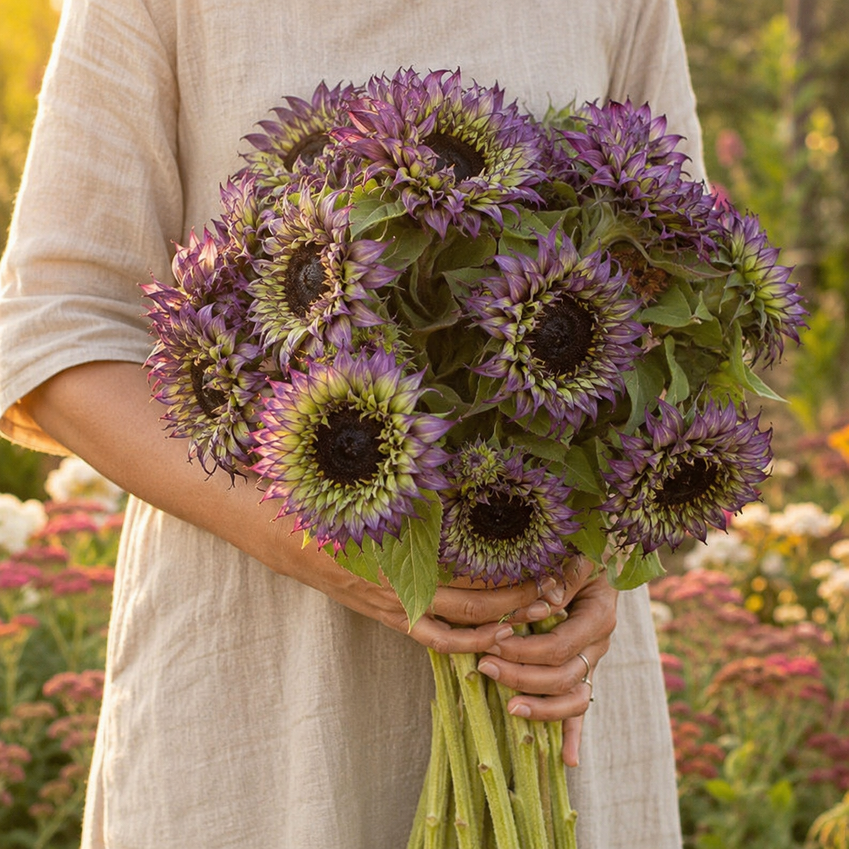 SunFill Purple F1 Sunflower 10+Seeds – Unique Purple Green Sunflower – Pollenless Cut Flower – Florist Bouquet Seeds
