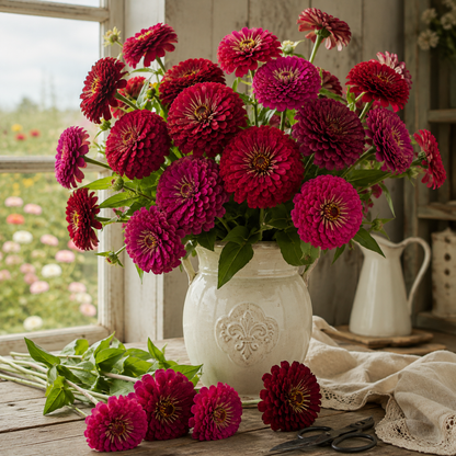 Benary’s Giant Wine Zinnia 25 Seeds – Deep Wine Burgundy Zinnias – Large Double Cut Flowers