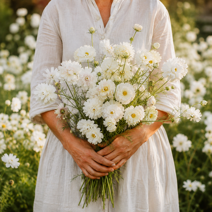 Snow Puff Cosmos 25+Seeds – Fluffy Double White Cosmos