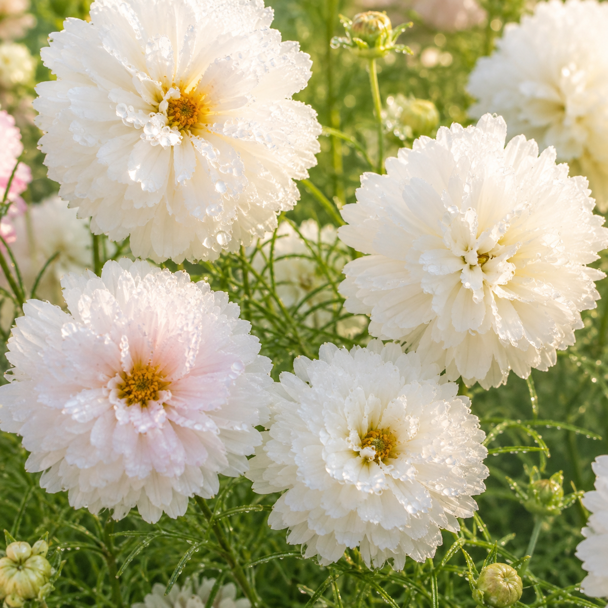 Snow Puff Cosmos 25+Seeds – Fluffy Double White Cosmos