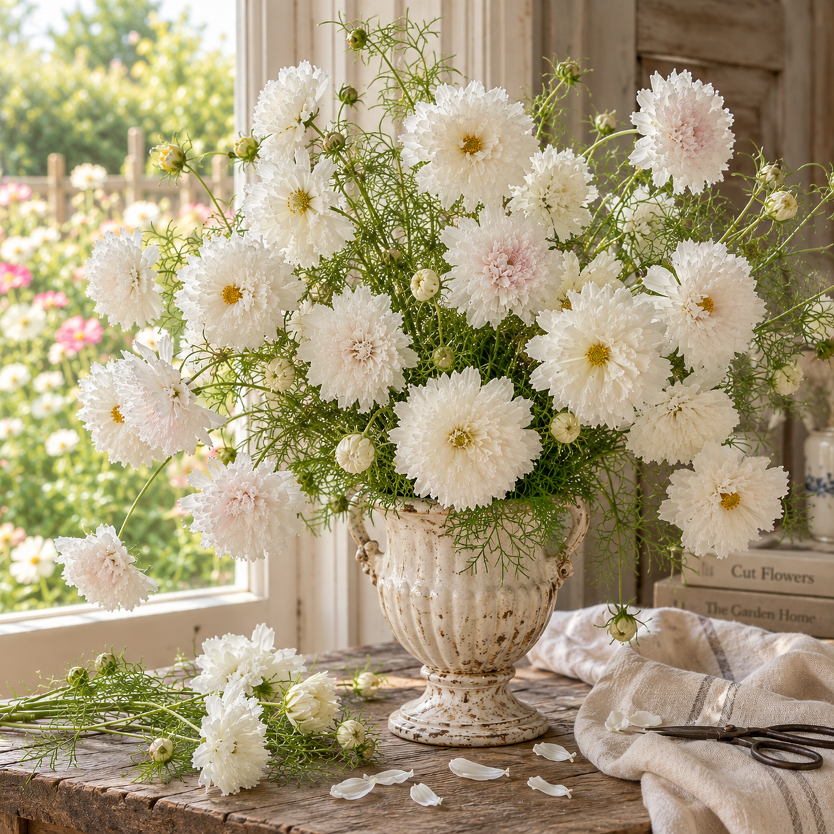 Snow Puff Cosmos 25+Seeds – Fluffy Double White Cosmos