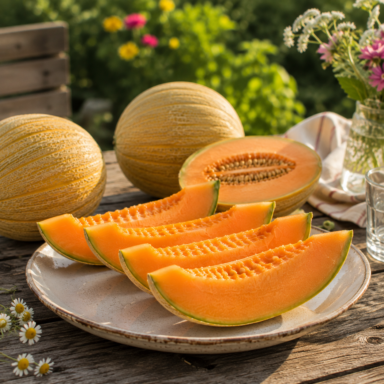 On a sunny day, sliced Collective Farm Woman Kolkhoznitsa melon from Sprouts and Petals is arranged on a plate atop a rustic wooden table outdoors, with whole sweet melons, wildflowers, and glasses displayed in the background.