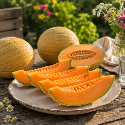 On a sunny day, sliced Collective Farm Woman Kolkhoznitsa melon from Sprouts and Petals is arranged on a plate atop a rustic wooden table outdoors, with whole sweet melons, wildflowers, and glasses displayed in the background.