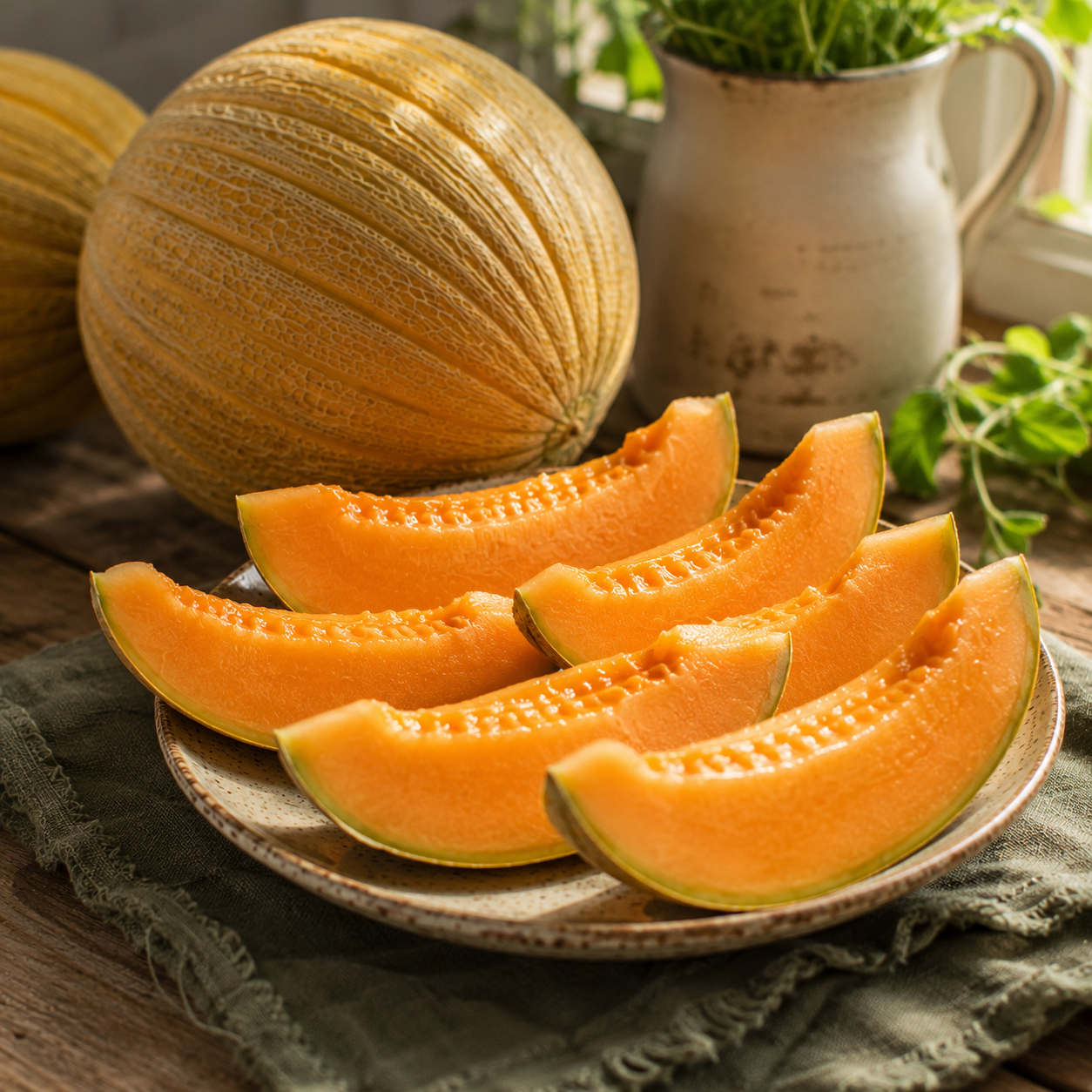 A plate of freshly sliced melon sits on a wooden table, accompanied by a whole Collective Farm Woman Kolkhoznitsa melon from Sprouts and Petals and a ceramic jug adorned with greenery in the background. Sunlight pours in, highlighting the refreshing scene, perfect for showcasing melons grown from the Collective Farm Woman Kolkhoznitsa Melon 25 Seeds.