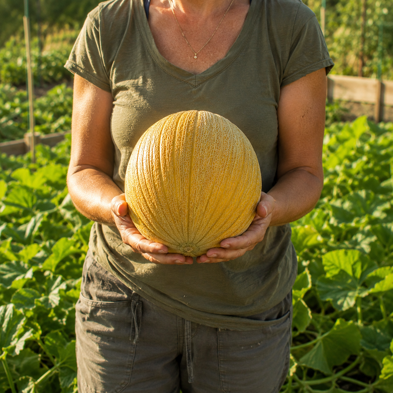 A person in a green shirt stands in a lush vegetable garden, holding a large Sprouts and Petals Collective Farm Woman Kolkhoznitsa Melon, grown from 25 seeds.