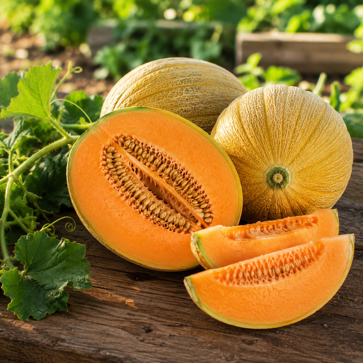 Two whole Collective Farm Woman Kolkhoznitsa melons, one halved melon, and two slices are displayed on a wooden surface with green vines and leaves in the background, outdoors in sunlight—a fresh showcase for Sprouts and Petals’ 25 seed pack.