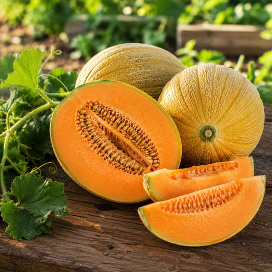 Two whole Collective Farm Woman Kolkhoznitsa melons, one halved melon, and two slices are displayed on a wooden surface with green vines and leaves in the background, outdoors in sunlight—a fresh showcase for Sprouts and Petals’ 25 seed pack.