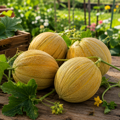 Four ripe Collective Farm Woman Kolkhoznitsa melons with textured rinds rest on a rustic wooden surface, surrounded by vibrant green leaves and yellow flowers in a lush garden setting. These heirloom melons from Sprouts and Petals, available as a 25-seed pack, are renowned for their sweet melon aroma and capture the essence of late summer abundance.