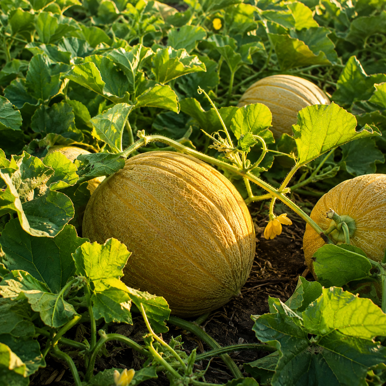 Collective Farm Woman Kolkhoznitsa melons ripening on the vine in a sun-drenched field, surrounded by lush green foliage and scattered yellow blossoms—grown from Sprouts and Petals’ 25 seed pack.