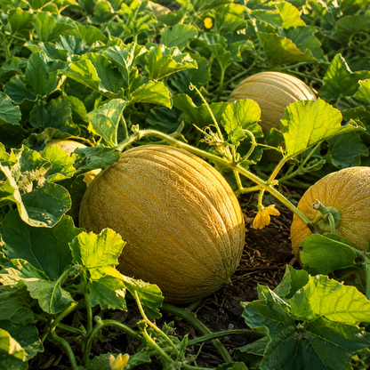 Collective Farm Woman Kolkhoznitsa melons ripening on the vine in a sun-drenched field, surrounded by lush green foliage and scattered yellow blossoms—grown from Sprouts and Petals’ 25 seed pack.