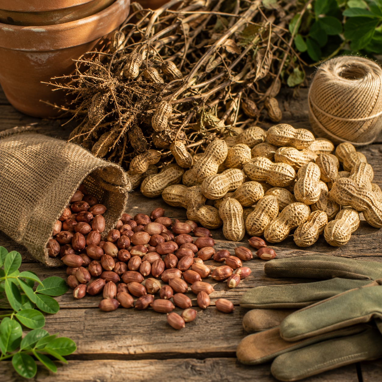 Sprouts and Petals Tennessee Red Valencia Peanut Seeds – heirloom red skin peanuts known for their sweet flavor and high yield – spill from a burlap sack onto a rustic wooden table, surrounded by gardening gloves, twine, potted plants, and freshly pulled peanut plants with roots and leaves.