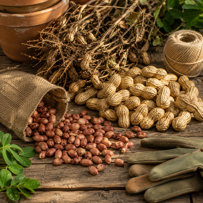 Sprouts and Petals Tennessee Red Valencia Peanut Seeds – heirloom red skin peanuts known for their sweet flavor and high yield – spill from a burlap sack onto a rustic wooden table, surrounded by gardening gloves, twine, potted plants, and freshly pulled peanut plants with roots and leaves.