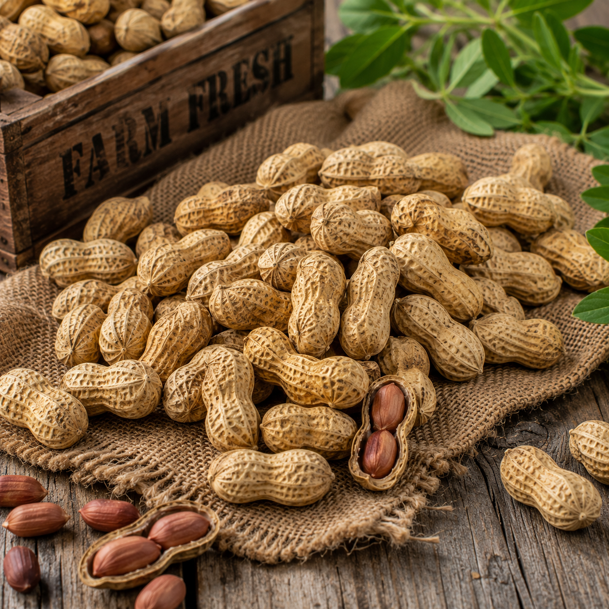 A rustic display features a pile of unshelled Tennessee Red Valencia Peanut Seeds from Sprouts and Petals on burlap, with several open shells revealing their heirloom red skin peanuts and loose nuts scattered nearby. Behind them, a wooden crate labeled “FARM FRESH” and freshly picked green peanut leaves sit atop a weathered wooden surface.