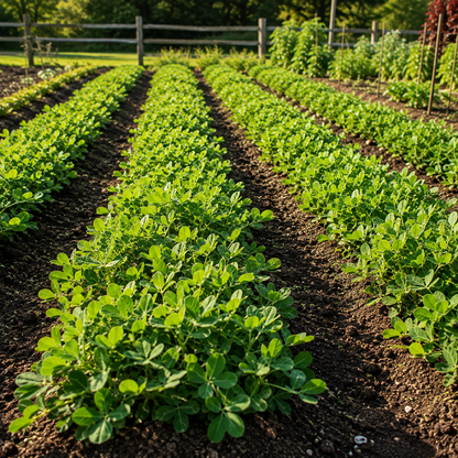 A well-maintained garden, bordered by a wooden fence and shaded by trees on a sunny day, features rows of lush green vegetable plants and Tennessee Red Valencia Peanut Plants—heirloom red skin peanuts from Sprouts and Petals—thriving in rich, dark soil.