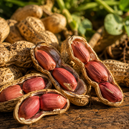 Open and whole peanut shells, each containing reddish-brown Tennessee Red Valencia peanuts from Sprouts and Petals’ Heirloom Red Skin Peanut Seeds, are scattered across a wooden surface. Green leaves and additional unshelled nuts appear blurred in the background, highlighting the sweet-flavored, high-yield variety included in this 10+ seed pack.