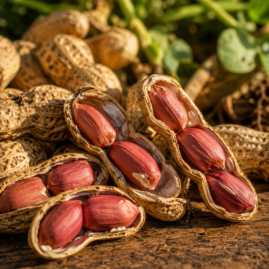 Open and whole peanut shells, each containing reddish-brown Tennessee Red Valencia peanuts from Sprouts and Petals’ Heirloom Red Skin Peanut Seeds, are scattered across a wooden surface. Green leaves and additional unshelled nuts appear blurred in the background, highlighting the sweet-flavored, high-yield variety included in this 10+ seed pack.