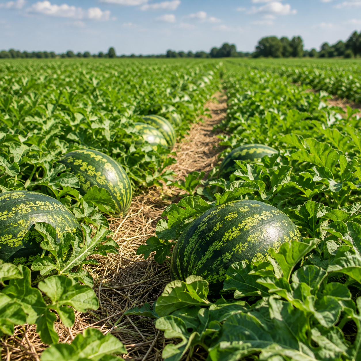 Sprouts and Petals’ Mountain Sweet Watermelon Seeds produce large, sweet heirloom melons that grow on vigorous vines among rows of leafy plants, thriving in green fields under blue skies with scattered clouds and straw-covered soil.