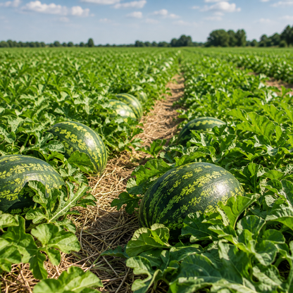 Sprouts and Petals’ Mountain Sweet Watermelon Seeds produce large, sweet heirloom melons that grow on vigorous vines among rows of leafy plants, thriving in green fields under blue skies with scattered clouds and straw-covered soil.