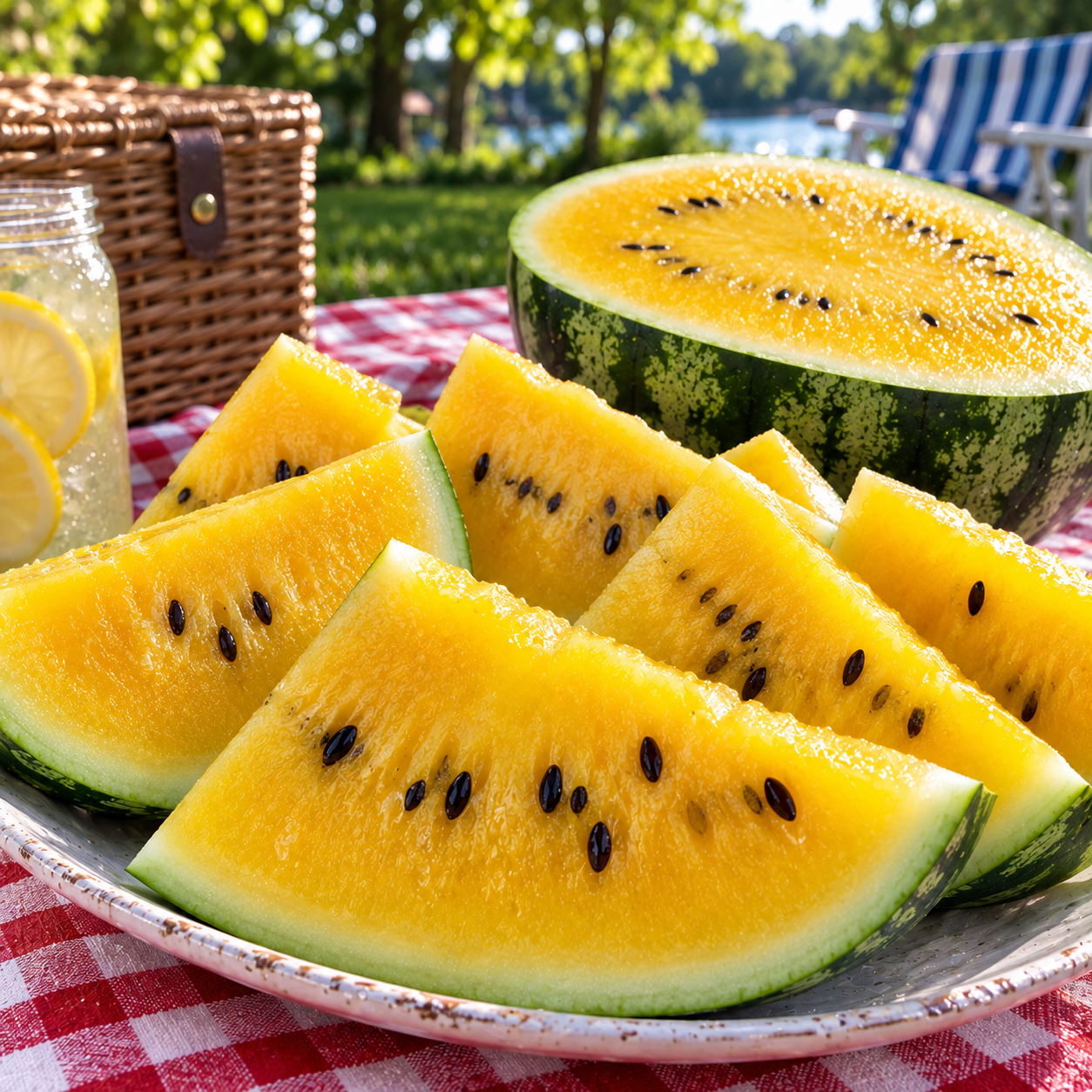 A plate of sliced Mountain Sweet watermelon—grown from Sprouts and Petals’ Mountain Sweet Watermelon Seeds, a prized heirloom variety known for its vibrant yellow flesh—rests on a red checkered picnic cloth. In the sunny outdoor background, a mason jar of lemon water, a basket, and a halved yellow watermelon add to the perfect summer setting.