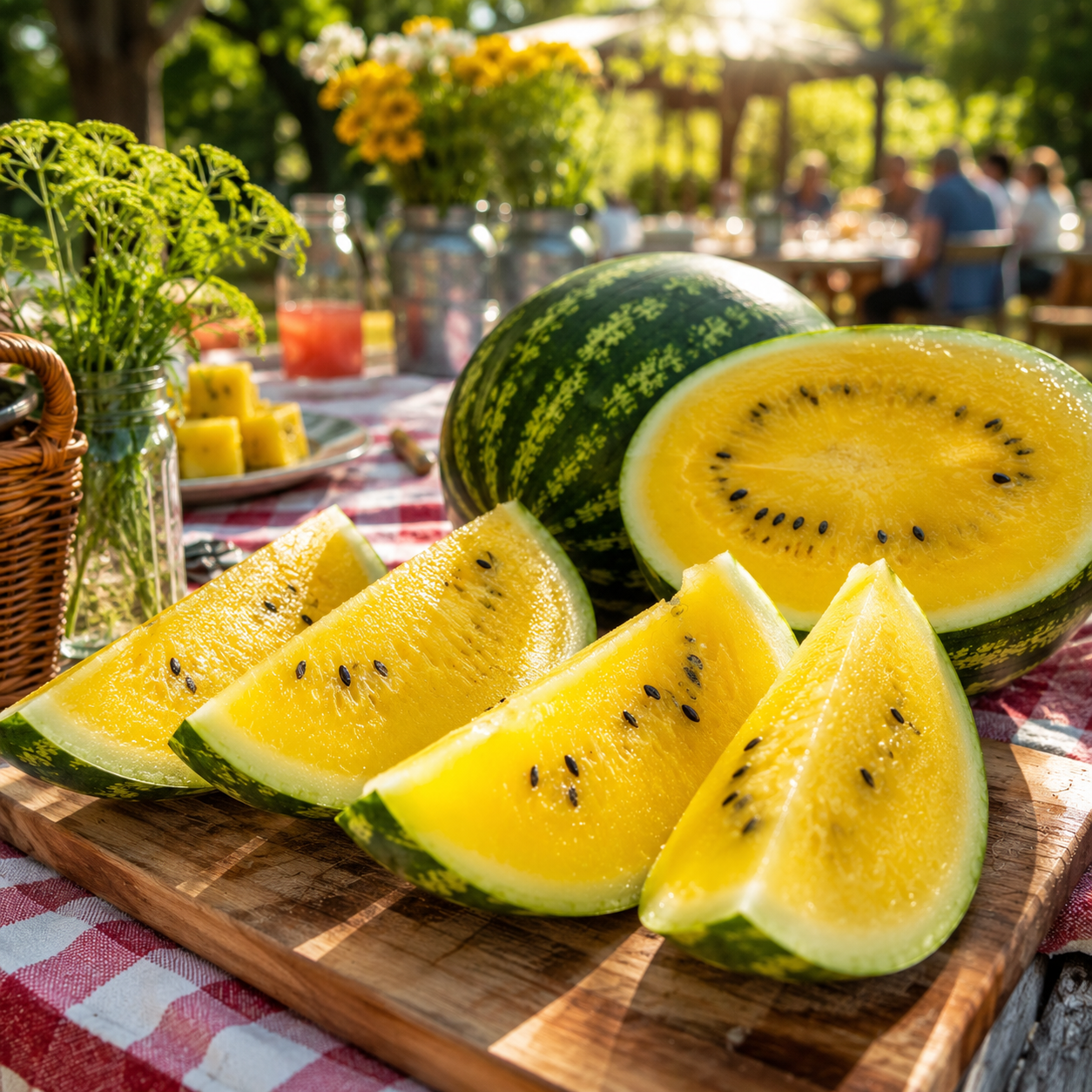A Mountain Sweet Watermelon grown from Sprouts and Petals’ heirloom seeds is sliced on a wooden board, displayed on a picnic table with flowers, a drink, and people enjoying the sunny outdoors.