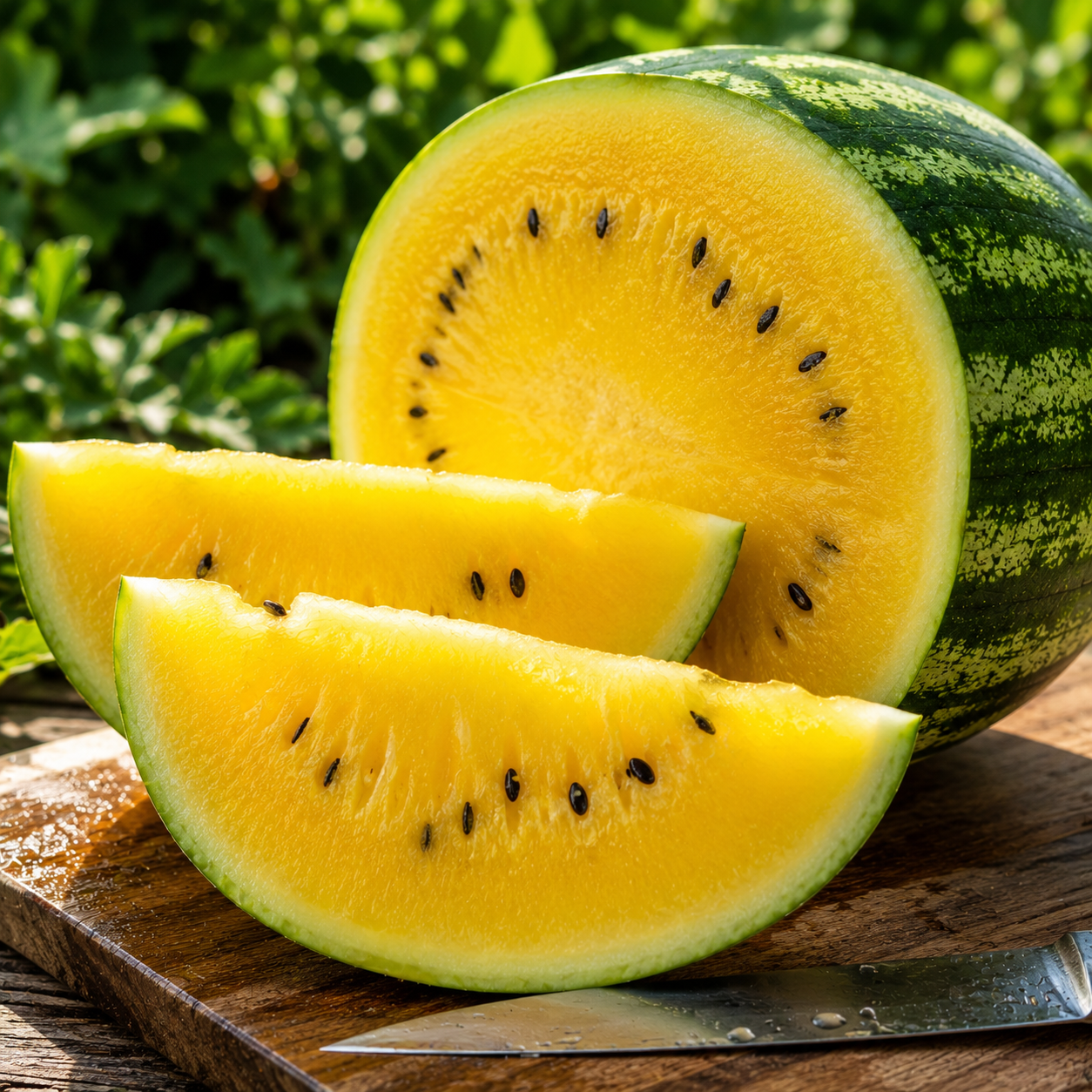 A halved Mountain Sweet Watermelon from Sprouts and Petals, with two slices displayed on a wooden board outdoors beside a knife. The bright yellow flesh with black seeds and the green rind with light stripes highlight this heirloom picnic watermelon’s vibrant and distinctive appearance—grown from Sprouts and Petals’ Mountain Sweet Watermelon Seeds (10 seeds per pack).