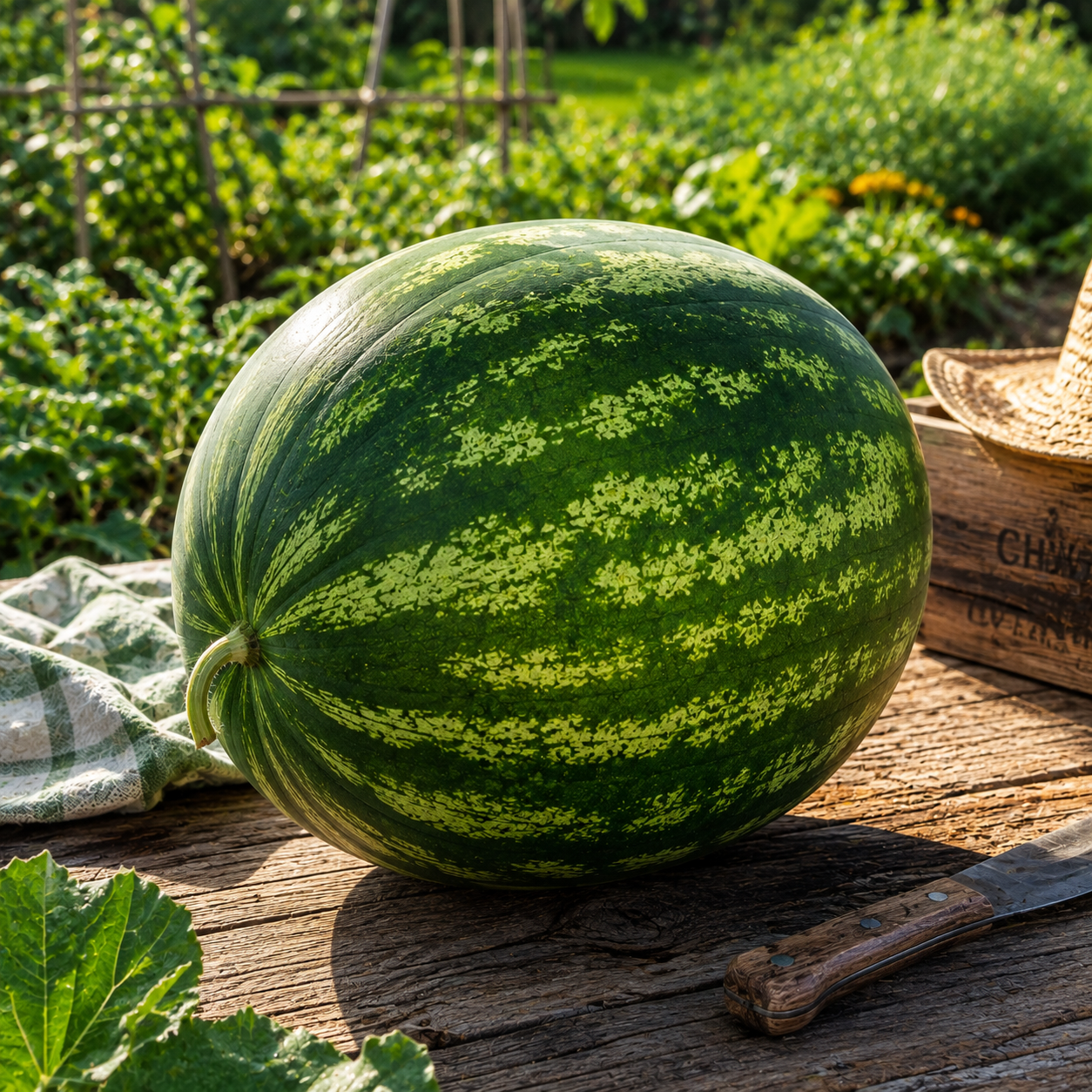 A large, whole Mountain Sweet watermelon—grown from Sprouts and Petals’ Mountain Sweet Watermelon Seeds—is displayed on a wooden table outdoors in a sunny garden, accompanied by a knife, a striped cloth, and a straw hat.
