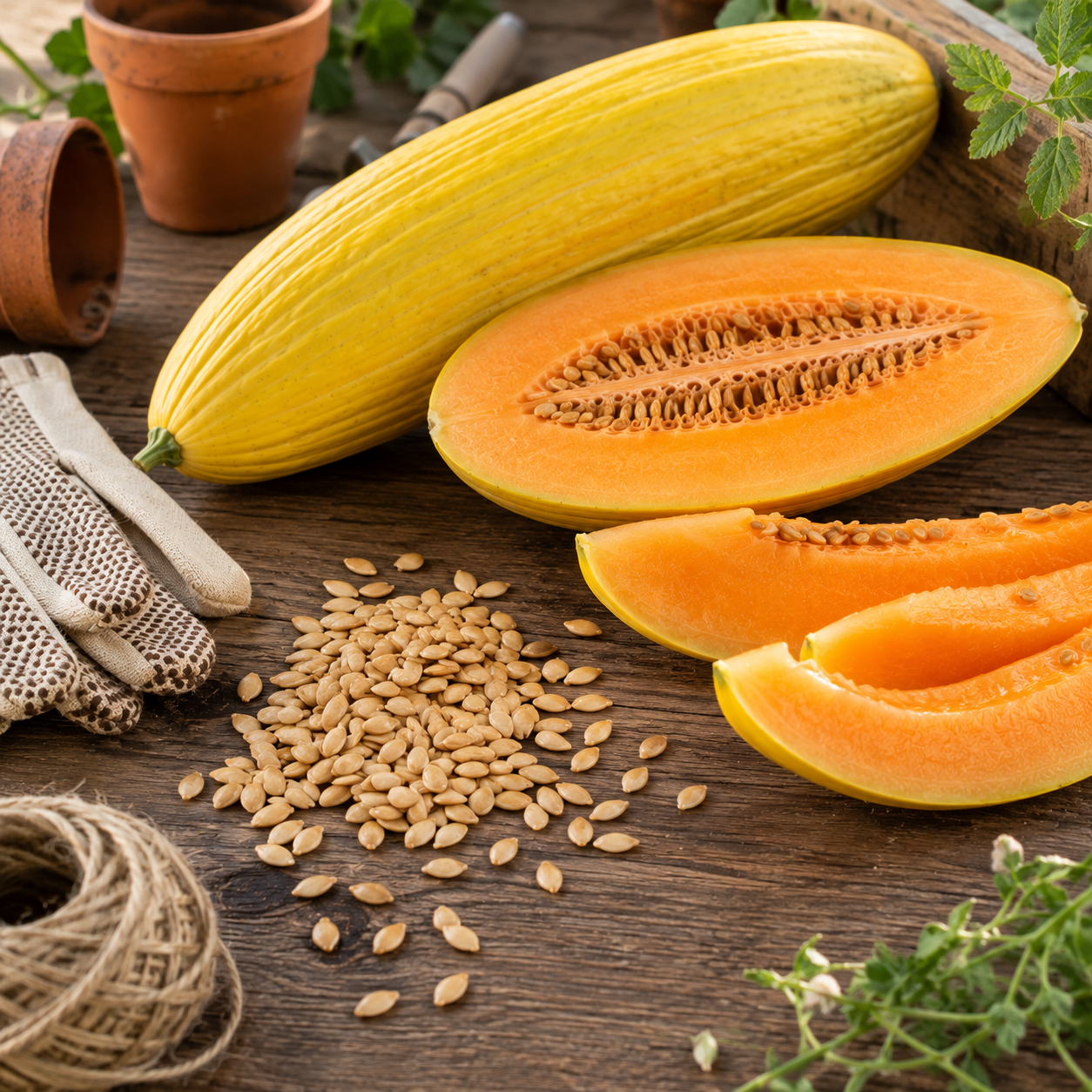 A rustic wooden table displays a whole Banana Melon, half a melon, and two slices—alongside a pile of Sprouts and Petals’ Banana Melon Seeds (Sweet Yellow Heirloom Melon – Unique Banana Shaped Fruit, 50 seeds)—surrounded by gardening gloves, twine, potted plants, and fresh herbs.