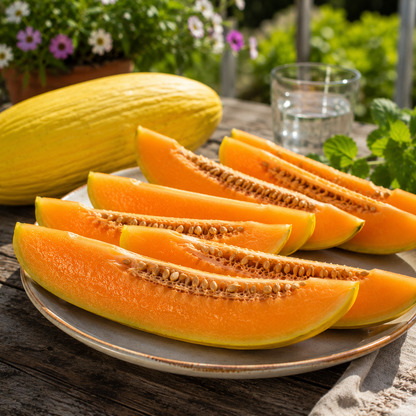 Sliced Sprouts and Petals Banana Melon, a sweet yellow heirloom fruit with a unique banana shape, is arranged on a plate outdoors; in the background, a whole rare melon grown from Banana Melon Seeds (50 seeds), along with a glass of water, green leaves, and potted flowers are visible on a sunny day.
