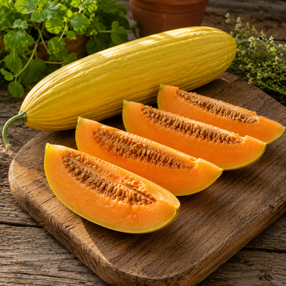 A whole banana-shaped heirloom melon with distinctive stripes from Sprouts and Petals, along with four orange melon slices, are arranged on a wooden cutting board, with green herbs and a plant in the background.