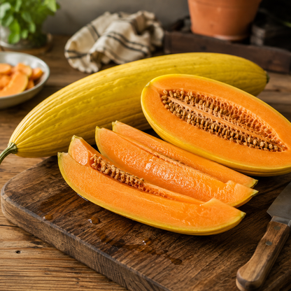 A whole and sliced Sprouts and Petals Banana Melon, known for its sweet orange flesh and yellow skin, rests on a wooden cutting board. Nearby are a knife and kitchen towels, with additional slices of the unique banana-shaped heirloom melon in the background.