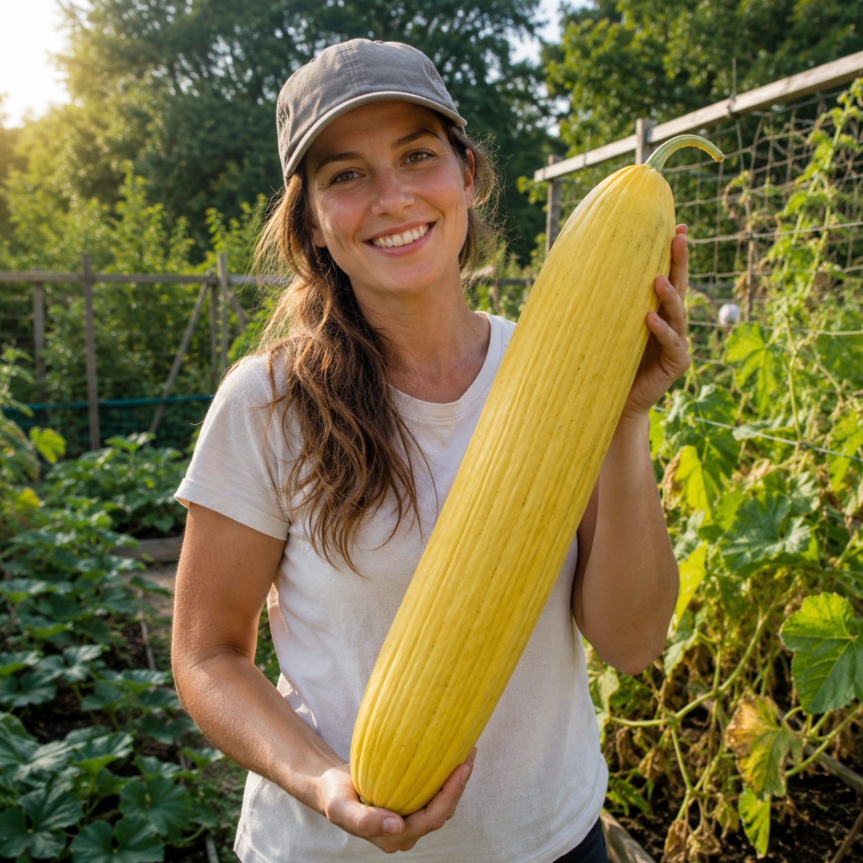 A smiling woman in a garden holds a large, unique banana-shaped melon grown from Sprouts and Petals Banana Melon Seeds – Sweet Yellow Heirloom Melon (50 seeds). She wears a gray cap and a white shirt, surrounded by lush green plants bathed in sunlight.
