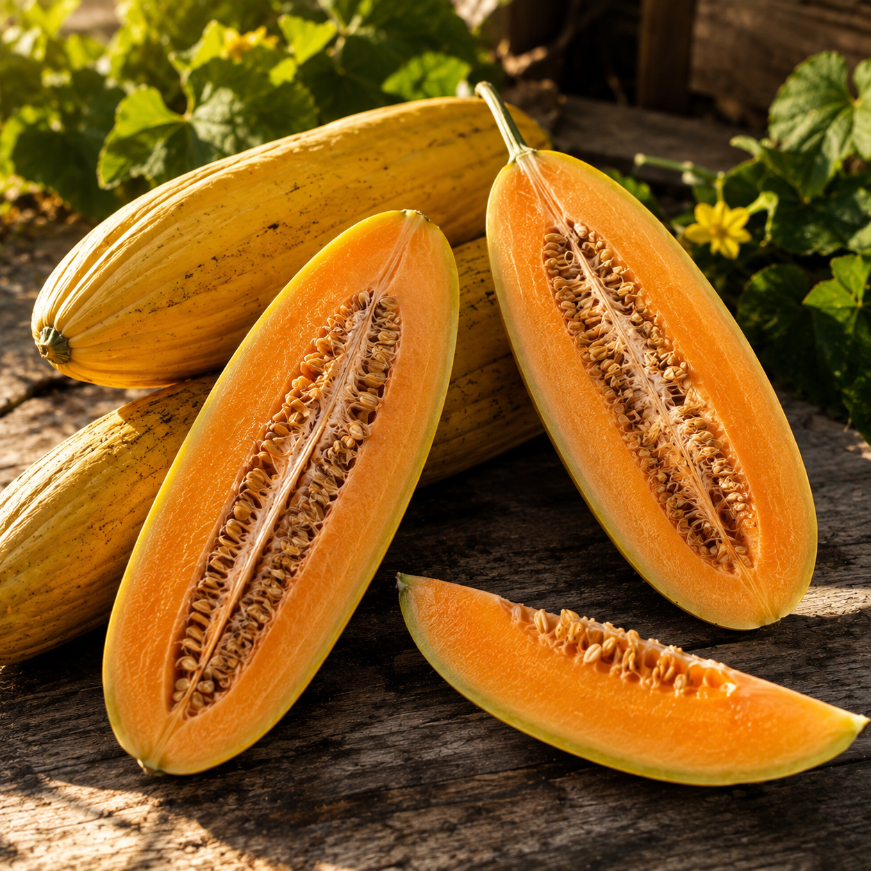 Sprouts and Petals Banana Melon Seeds – Sweet Yellow Heirloom Melon produce unique, banana-shaped melons with vibrant yellow stripes; when cut open, their bright orange flesh and seeds are revealed, resting on a rustic wooden surface accented by green leaves and flowers—an eye-catching display of this rare 50-seed heirloom variety.