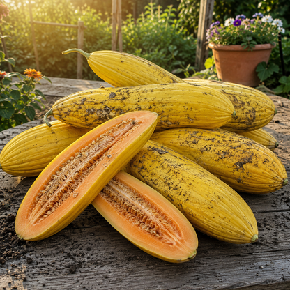 A pile of freshly harvested Banana Melons from Sprouts and Petals, their yellow skin dusted with soil, rests on a wooden table outdoors. One of the sweet heirloom melons—famous for its unique banana shape—is sliced open to display its vibrant orange flesh and seeds. Sunlight streams over the scene, highlighting lush green plants in the background.