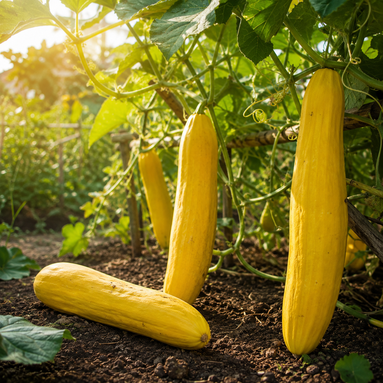 Golden banana-shaped melons from Sprouts and Petals’ Banana Melon Seeds—known for their sweet yellow heirloom fruit—grow on lush green vines in a sunny garden, with two fruits suspended from the plant and two resting on the earth.