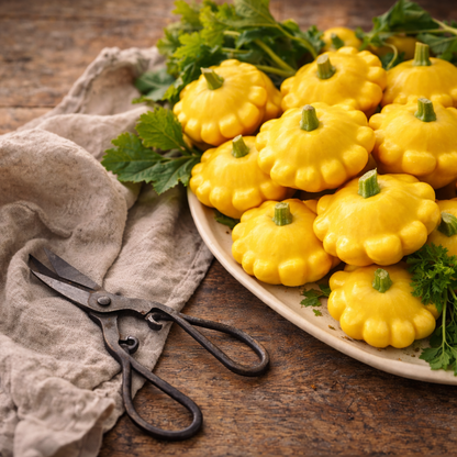 Scallop Yellow Bush Squash Seeds (Pattypan) – Heirloom Summer Squash – Bright Yellow Flying Saucer Shape – Non-GMO Garden Seeds