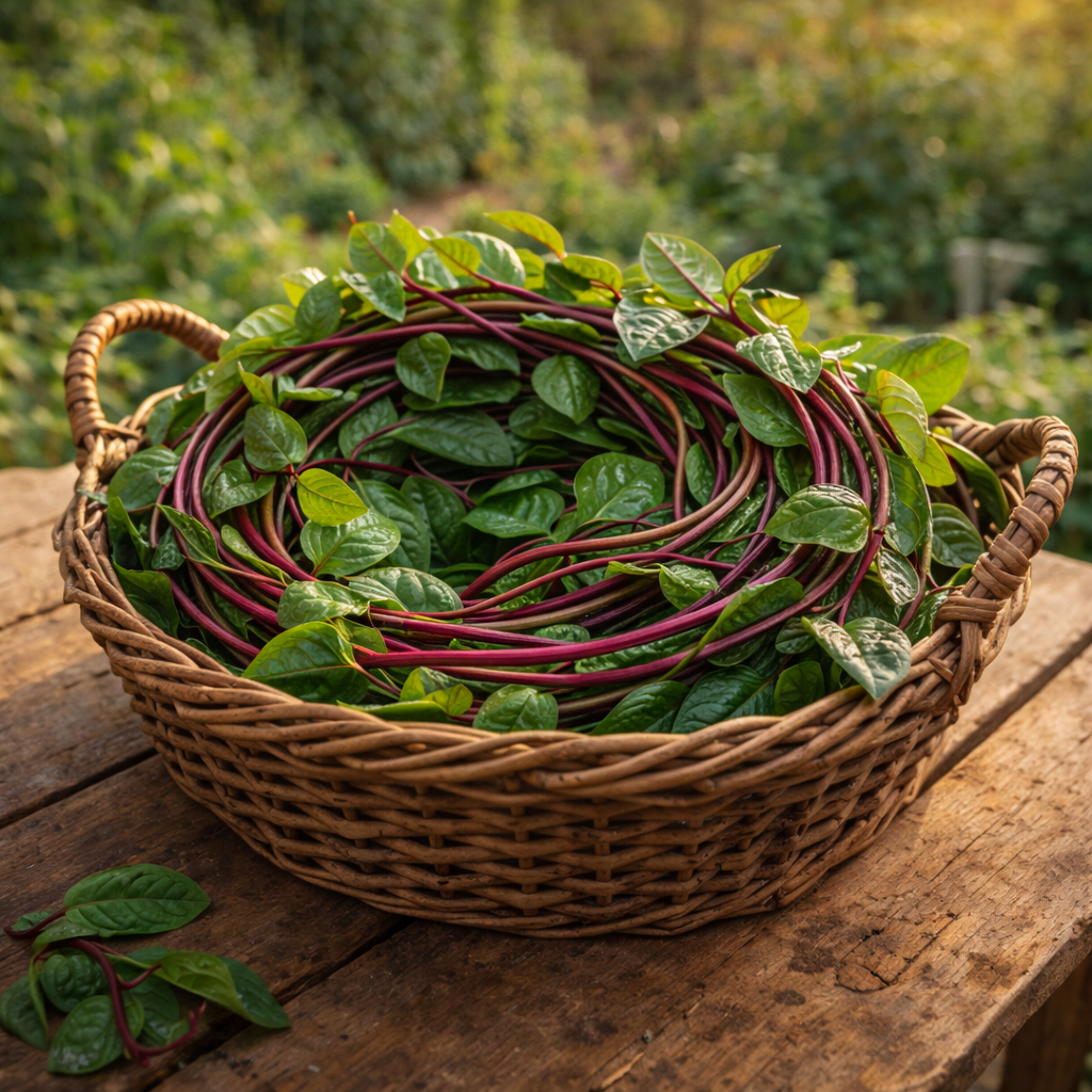 Red Malabar Spinach Seeds – Climbing Spinach Vine Edible Red Stem Greens – Heat Loving