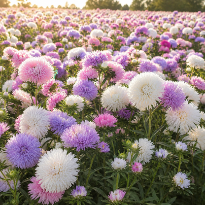 Pavlova White-Lilac China Aster 100+Seeds – Elegant Double White & Lilac Blooms – Cottage Garden Cut Flowers Sprouts and Petals